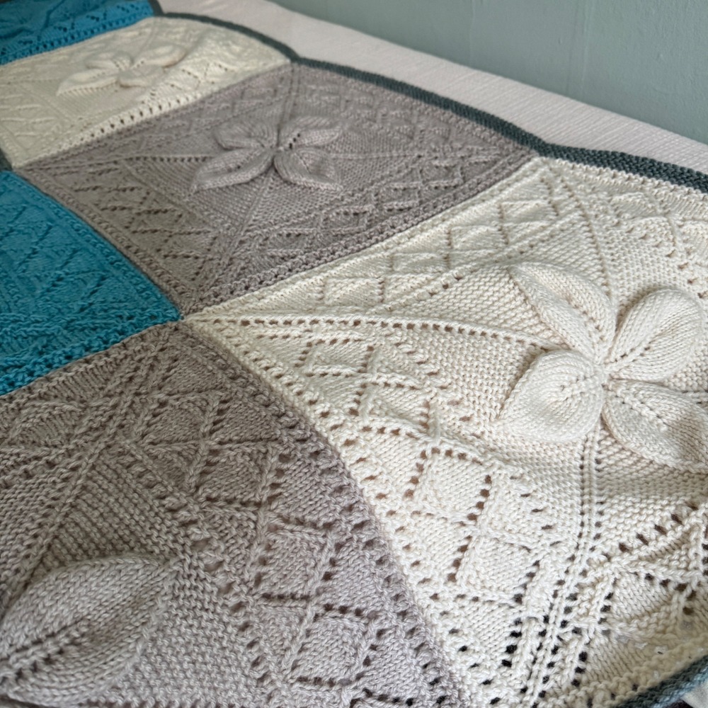 Handmade Knit Throw Blanket 66x66 Blue Grey Cream 3D Floral Granny Square SOFT! - Picture 13 of 13